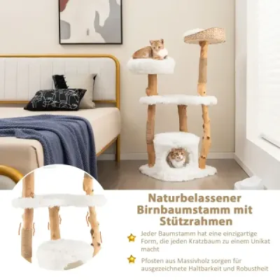 124 cm Kratzbaum aus Holz mit Katzenhöhle & Plüschsitzfläche & Sitzplattform Kratzpfosten aus Jute
