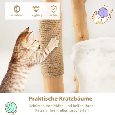 124 cm Kratzbaum aus Holz mit Katzenhöhle & Plüschsitzfläche & Sitzplattform Kratzpfosten aus Jute