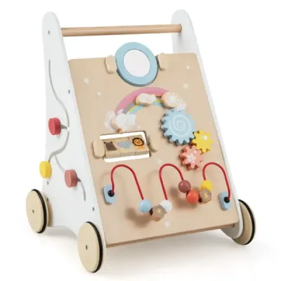 7 in 1 Lauflernhilfe aus Holz mit Spielbrett & Spiegel & Bauklötzen & Aufbewahrungsbox Lauflernwagen