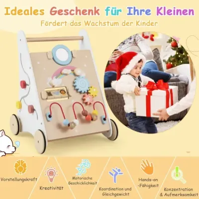 7 in 1 Lauflernhilfe aus Holz mit Spielbrett & Spiegel & Bauklötzen & Aufbewahrungsbox Lauflernwagen