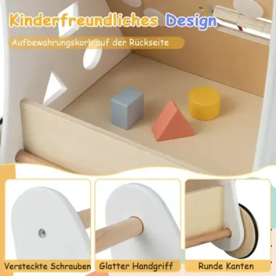 7 in 1 Lauflernhilfe aus Holz mit Spielbrett & Spiegel & Bauklötzen & Aufbewahrungsbox Lauflernwagen