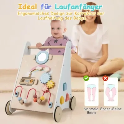 7 in 1 Lauflernhilfe aus Holz mit Spielbrett & Spiegel & Bauklötzen & Aufbewahrungsbox Lauflernwagen