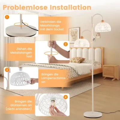 Stehlampe mit 2 Lichtern & Fußschalter 350° Drehbare Baumlampe Gewebten Lampenschirmen