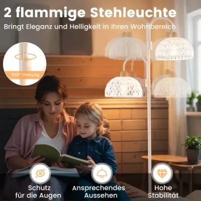 Stehlampe mit 2 Lichtern & Fußschalter 350° Drehbare Baumlampe Gewebten Lampenschirmen