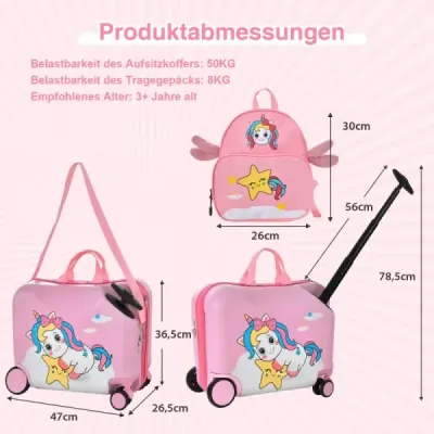2tlg Kinderkoffer + Rucksack 47 cm Langer Aufsitzkoffer und 30 cm Breiter Rucksack Rosa Einhorn