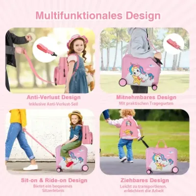 2tlg Kinderkoffer + Rucksack 47 cm Langer Aufsitzkoffer und 30 cm Breiter Rucksack Rosa Einhorn