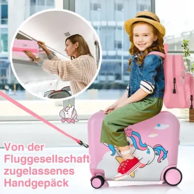 2tlg Kinderkoffer + Rucksack 47 cm Langer Aufsitzkoffer und 30 cm Breiter Rucksack Rosa Einhorn