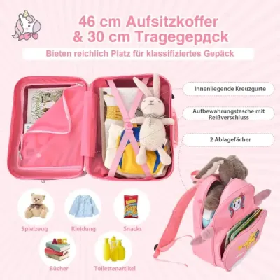 2tlg Kinderkoffer + Rucksack 47 cm Langer Aufsitzkoffer und 30 cm Breiter Rucksack Rosa Einhorn