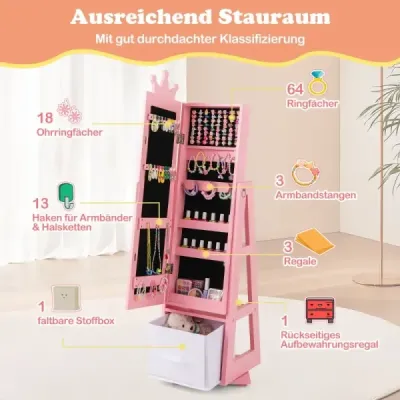 Kinder Schmuckschrank 2 in 1 Spiegelschrank neigbar mit Ganzkörperspiegel 31,5 x 30 x 115 cm Rosa