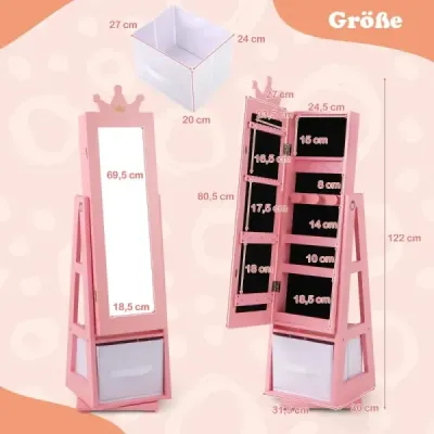 Kinder Schmuckschrank 2 in 1 Spiegelschrank neigbar mit Ganzkörperspiegel 31,5 x 30 x 115 cm Rosa