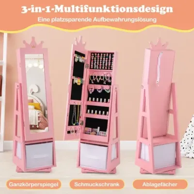 Kinder Schmuckschrank 2 in 1 Spiegelschrank neigbar mit Ganzkörperspiegel 31,5 x 30 x 115 cm Rosa