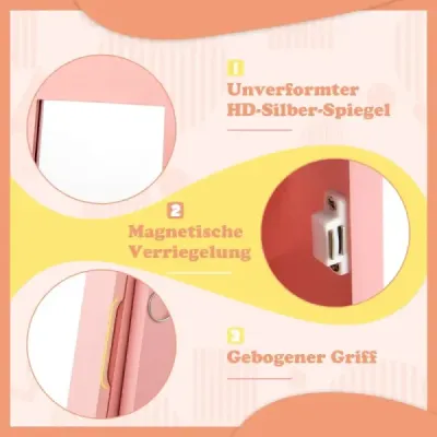 Kinder Schmuckschrank 2 in 1 Spiegelschrank neigbar mit Ganzkörperspiegel 31,5 x 30 x 115 cm Rosa