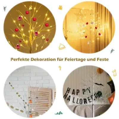 180 cm künstlicher Birkenbaum mit 48 warmweißen LED-Lichtern für Weihnachten Weiß