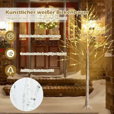 180 cm künstlicher Birkenbaum mit 48 warmweißen LED-Lichtern für Weihnachten Weiß