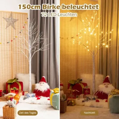 150 cm LED Lichterbaum Birkenbaum mit Warmweißen LED-Leuchten Weiß
