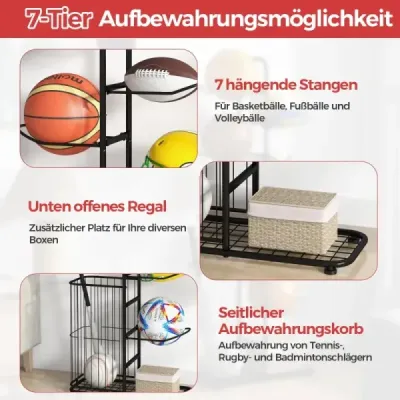 7-stufiger Ball Lagerregal mit Abnehmbaren Hängestangen & Augbewahrungskorb