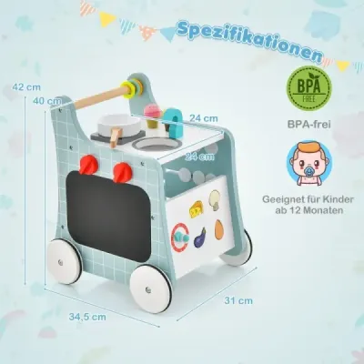6 in 1 Holz Lauflernhilfe mit Spielküche & Lernuhr & Formanpassung & Lauflernwagen Blau
