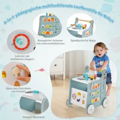 6 in 1 Holz Lauflernhilfe mit Spielküche & Lernuhr & Formanpassung & Lauflernwagen Blau