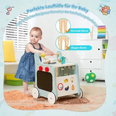 6 in 1 Holz Lauflernhilfe mit Spielküche & Lernuhr & Formanpassung & Lauflernwagen Blau