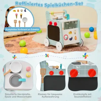 6 in 1 Holz Lauflernhilfe mit Spielküche & Lernuhr & Formanpassung & Lauflernwagen Blau