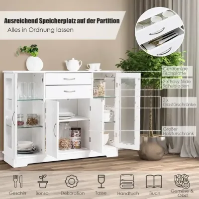 Dřevěná úložná skříň s dvířky a zásuvkami z tvrzeného skla Bílá