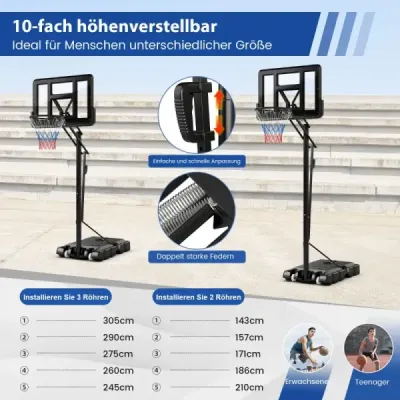 Basketbalový stojan 245-305 cm výškově nastavitelný basketbalový koš se stojanem černý