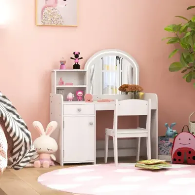2 in 1 Kinder Schminktisch Set mit Hocker & LED-Lechten & Spiegel & Schublade Kosmetiktisch Weiß