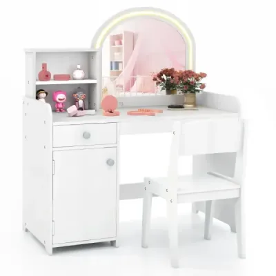 2 in 1 Kinder Schminktisch Set mit Hocker & LED-Lechten & Spiegel & Schublade Kosmetiktisch Weiß