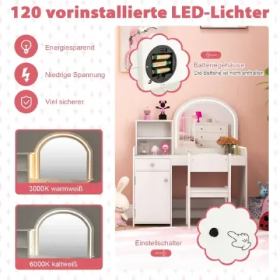 2 in 1 Kinder Schminktisch Set mit Hocker & LED-Lechten & Spiegel & Schublade Kosmetiktisch Weiß