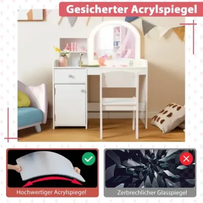 2 in 1 Kinder Schminktisch Set mit Hocker & LED-Lechten & Spiegel & Schublade Kosmetiktisch Weiß