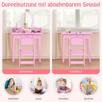 2 in 1 Kinder Schminktisch mit Hocker Frisiertisch mit Beleuchtung Rosa