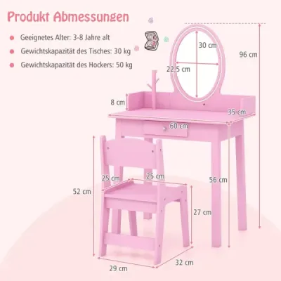 2 in 1 Kinder Schminktisch mit Hocker Frisiertisch mit Beleuchtung Rosa