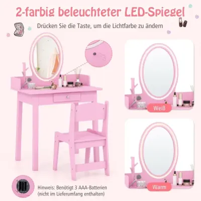 2 in 1 Kinder Schminktisch mit Hocker Frisiertisch mit Beleuchtung Rosa