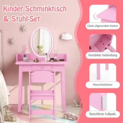 2 in 1 Kinder Schminktisch mit Hocker Frisiertisch mit Beleuchtung Rosa