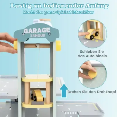 Dřevěná parkovací garáž se 3 patry & 4 auty & výtahem parkovací garáž autogaráž hračka pro děti od 3 let.