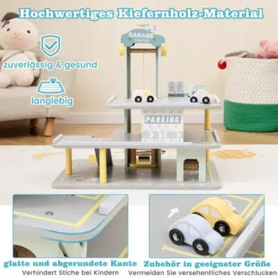 Dřevěná parkovací garáž se 3 patry & 4 auty & výtahem parkovací garáž autogaráž hračka pro děti od 3 let.
