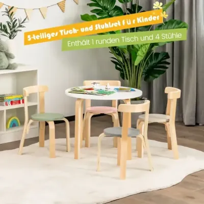 Dětský dřevěný stůl se 4 židlemi pro děti, sada dětského stolu a židlí s opěradlem, barevná