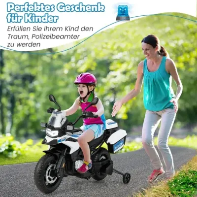 Policejní motocykl pro děti, motocykl na baterie se 2 tréninkovými koly, 110 x 82,5 x 63 cm, bílá