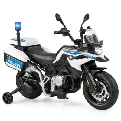 Policejní motocykl pro děti, motocykl na baterie se 2 tréninkovými koly, 110 x 82,5 x 63 cm, bílá