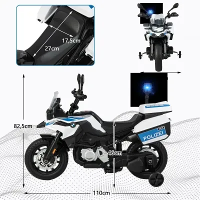 Policejní motocykl pro děti, motocykl na baterie se 2 tréninkovými koly, 110 x 82,5 x 63 cm, bílá