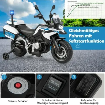 Policejní motocykl pro děti, motocykl na baterie se 2 tréninkovými koly, 110 x 82,5 x 63 cm, bílá