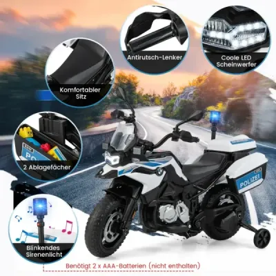 Policejní motocykl pro děti, motocykl na baterie se 2 tréninkovými koly, 110 x 82,5 x 63 cm, bílá