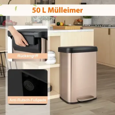 Kuchyňský odpadkový koš o objemu 50 l s měkkým zavíracím víkem a deodorizační přihrádkou na odpadkový koš Rose Gold