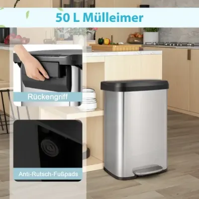 Kuchyňský odpadkový koš o objemu 50 l s měkkým zavíracím víkem a deodorizační přihrádkou na odpadky Silver