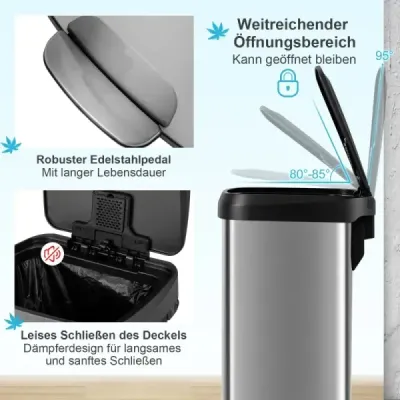 Kuchyňský odpadkový koš o objemu 50 l s měkkým zavíracím víkem a deodorizační přihrádkou na odpadky Silver