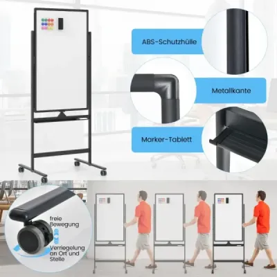 Oboustranná magnetická tabule 60 x 100 cm s kolečky, stojanem a zásobníkem na pera, černá