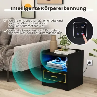 Noční stolek s USB portem LED světla a nabíjecí stanicí Type-C Noční skříňka s pohybovým senzorem Černá
