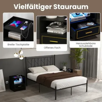 Sada 2 nočních stolků s LED světlem, USB portem a nabíjecí stanicí Type-C, noční stolek s pohybovým senzorem, černá Sada 2 nočních stolků s LED světlem, USB portem a nabíjecí stanicí Type-C, noční stolek s pohybovým senzorem, černá