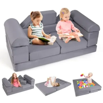 Modulares Kindersofa 9-teiliges Spielsofa aus Schaumstoff Bausteine mit bequemem Wildlederstoff Grau