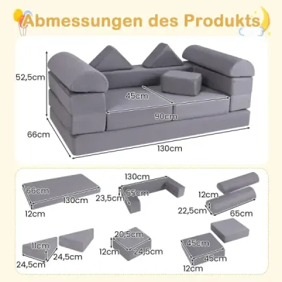 Modulares Kindersofa 9-teiliges Spielsofa aus Schaumstoff Bausteine mit bequemem Wildlederstoff Grau